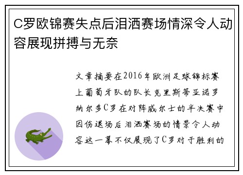 C罗欧锦赛失点后泪洒赛场情深令人动容展现拼搏与无奈