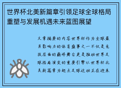 世界杯北美新篇章引领足球全球格局重塑与发展机遇未来蓝图展望